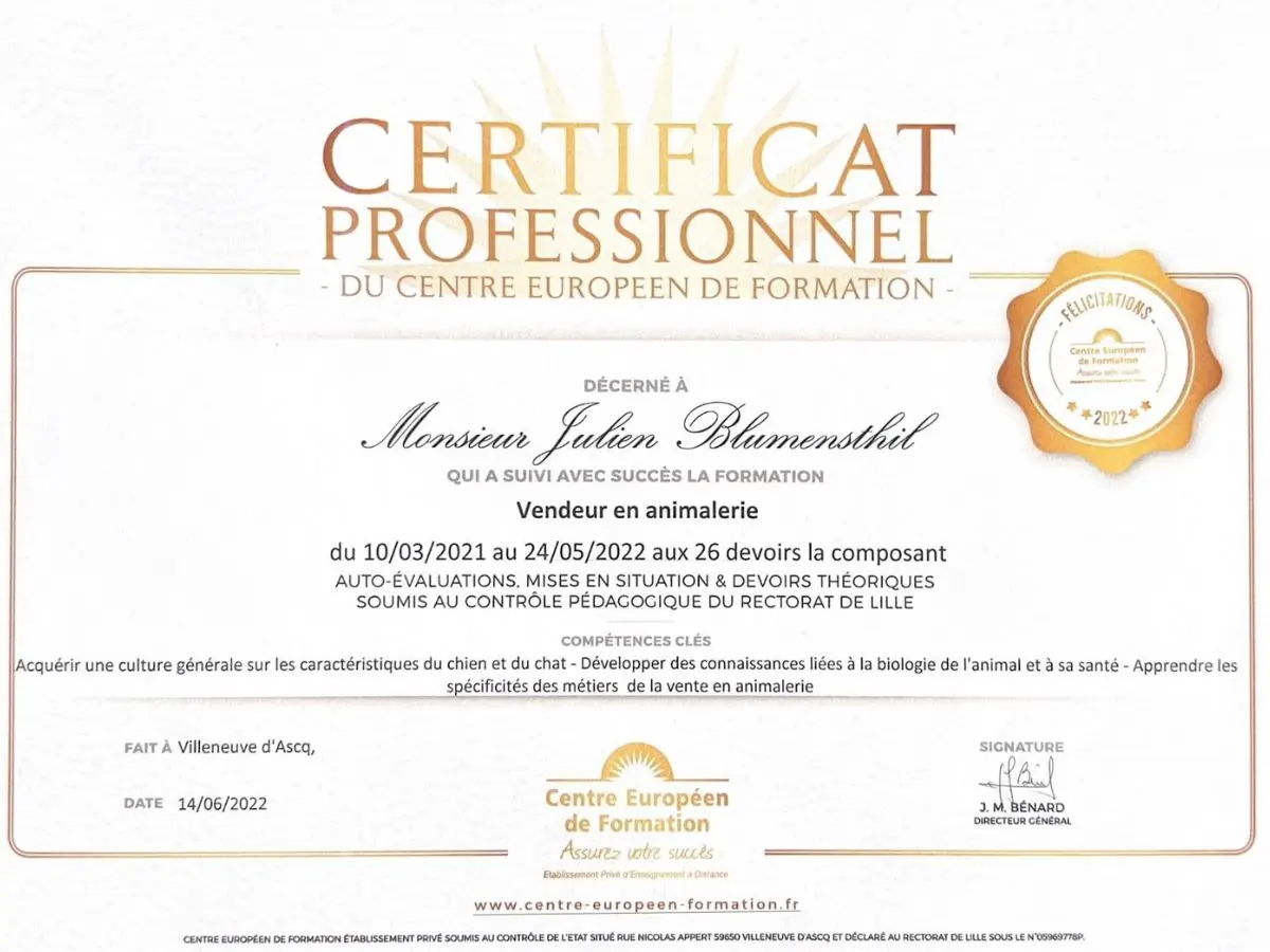 Diplôme de conseiller et vente en animalerie de Julien Blumensthil